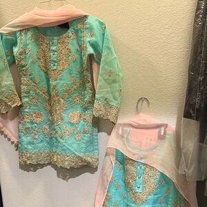 Green and Pink Embroidered Traditional Outfit